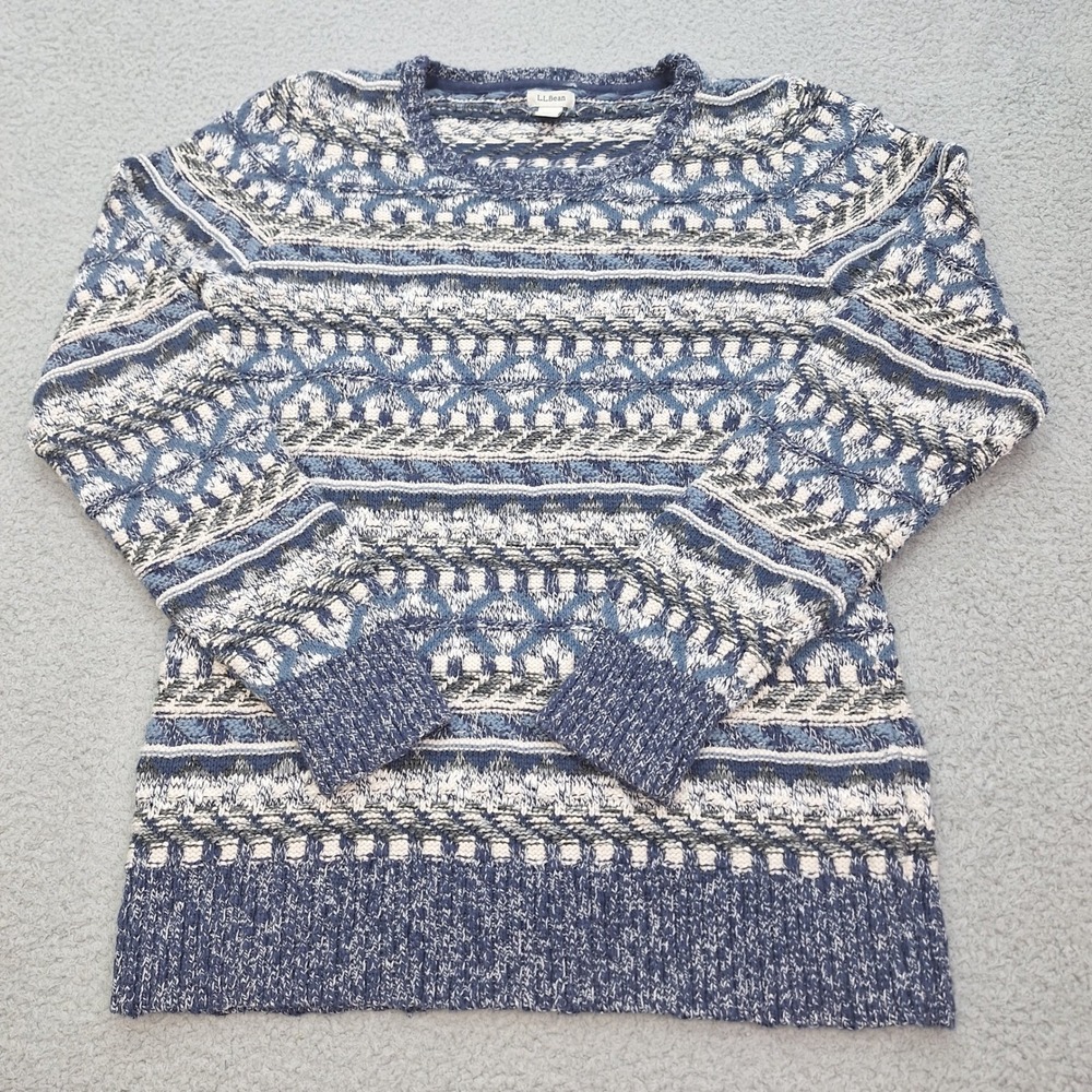 LL Bean Sweater Womens Small Blue Fair Isle Cotton Knit Pullover Cabincore